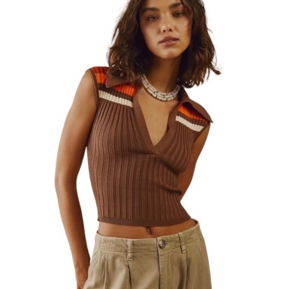 Ronny Kobo Belen Knit Ribbed Stripped 
Sleeveless Top Brown Striped size Small